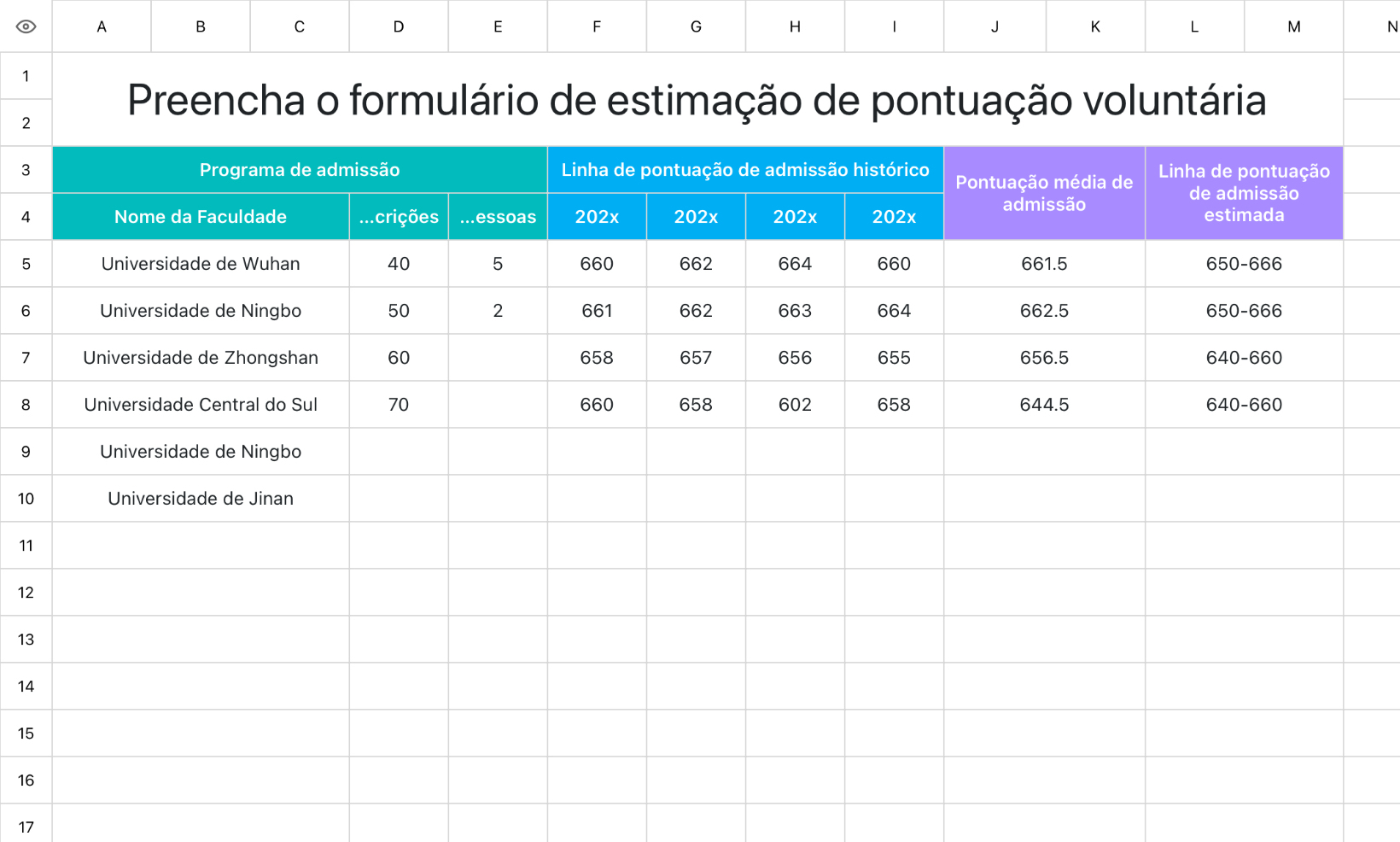 Preencha o formulário de estimação de pontuação voluntária